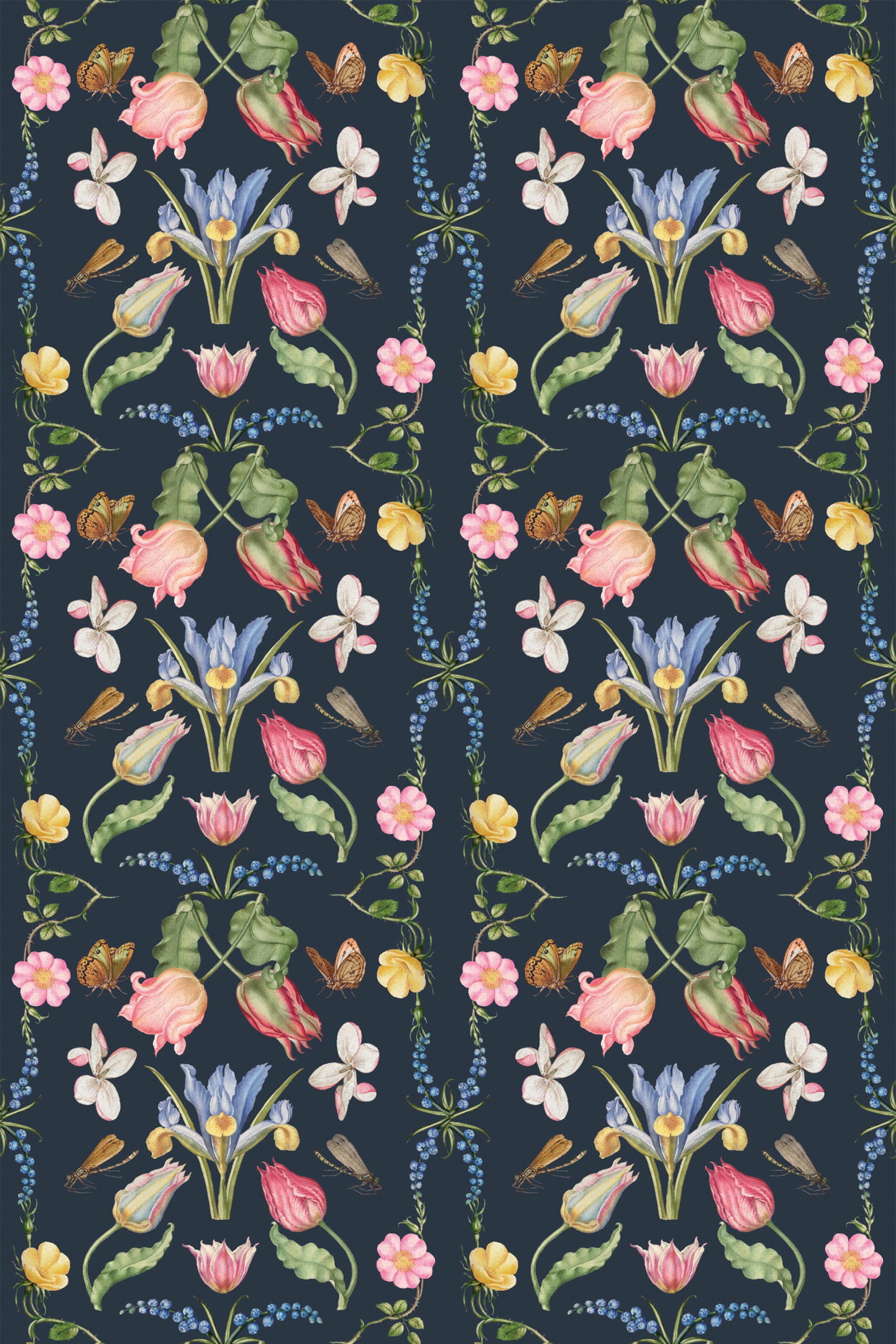 Dark blue background with symmetrical floral pattern in shades of pink, yellow, and green, with subtle line accents, designed for peel and stick removable wallpaper.