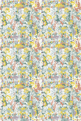 A vibrant pattern with yellow, orange, and green floral elements on a light background representing an abstract summer meadow, peel and stick removable wallpaper.
