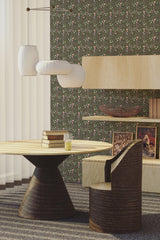 Brown aesthetic floral pattern on wallpaper with small, delicate flowers and leaves against a dark background, adding a warm and traditional touch to the room's decor. Traditional wallpaper.