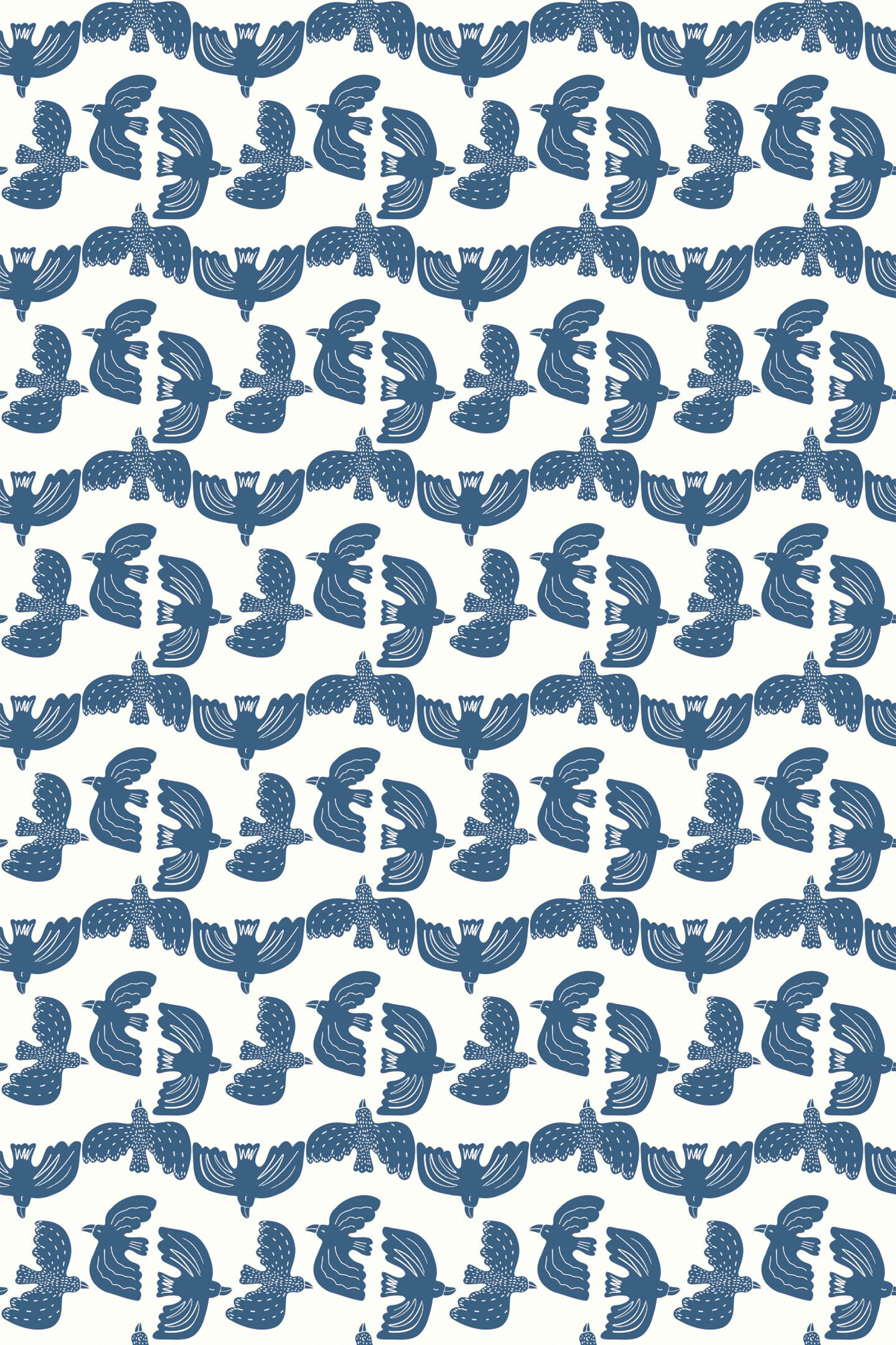 A seamless pattern of stylized blue birds on a white background, suitable for use as peel and stick removable wallpaper.