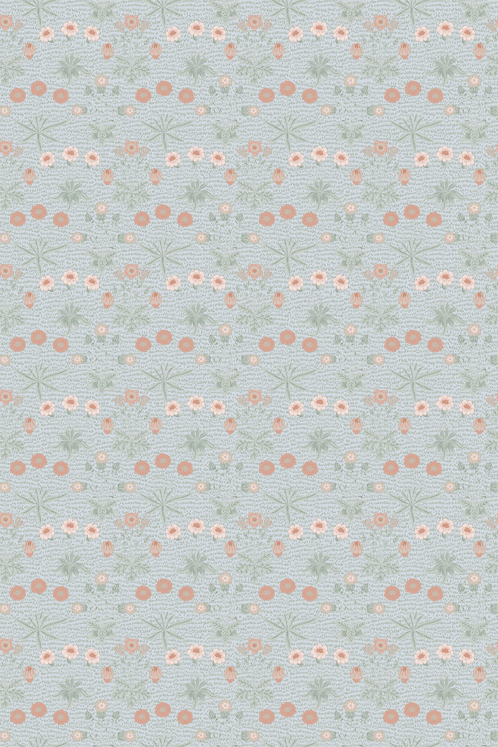 Elegant gray backdrop with repeated floral patterns in soft orange and white, accented by greenery, providing a vintage botanical feel, peel and stick removable wallpaper.