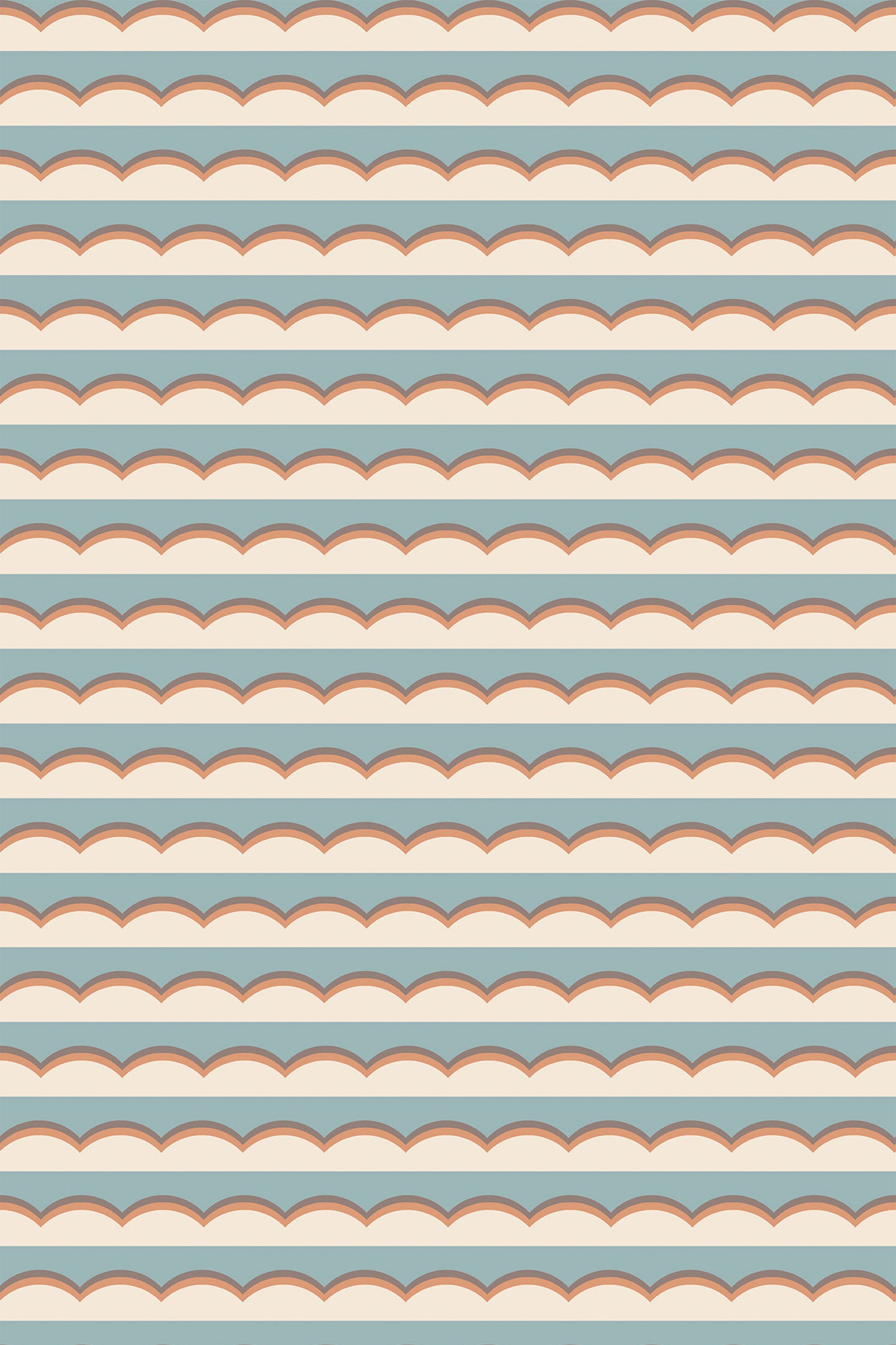 A seamless pattern of stylized clouds in shades of orange, teal, and grey on a pale background, forming a continuous, rhythmic design for peel and stick removable wallpaper.
