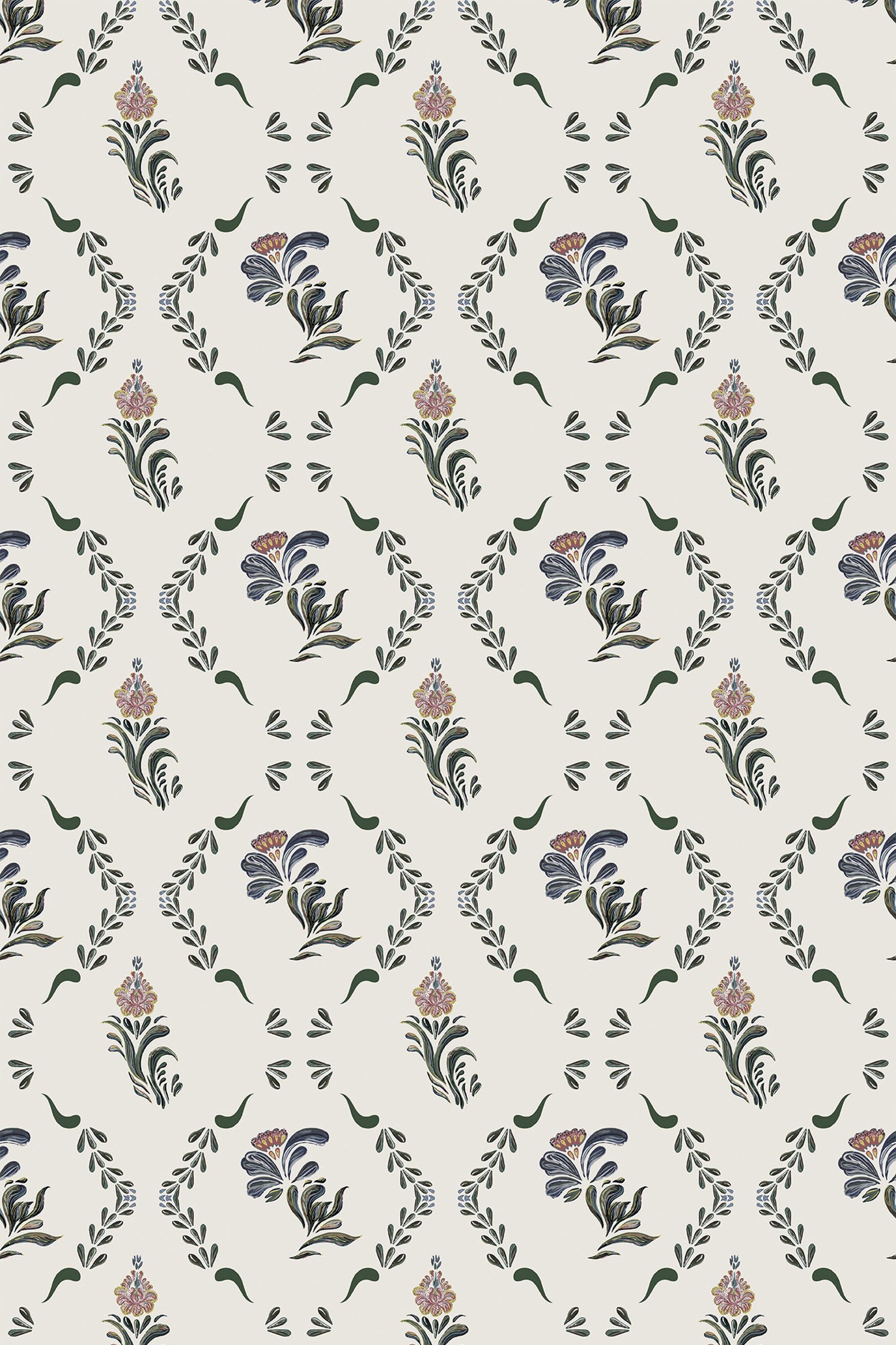 A pattern of blue, purple, and green florals with leaf accents on a beige background, arranged in a symmetrical country-style design, peel and stick removable wallpaper.