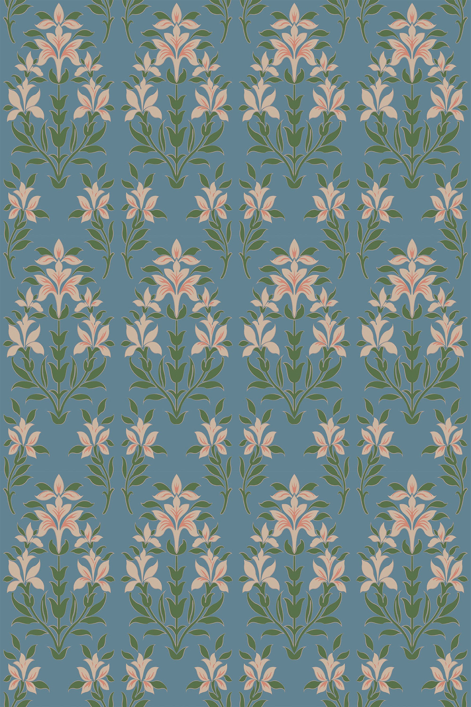 Elegant blue Art Nouveau floral pattern with stylized white and pink flowers intertwined with green leaves on peel and stick removable wallpaper.