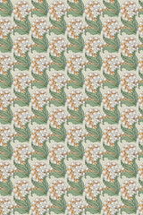 A patterned wallpaper with repeated lilies of the valley motifs in a peel and stick removable design.