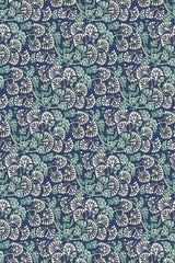 An elegant Art Nouveau style wallpaper with a seamless pattern of intricate, stylized floral designs in white and green against a dark blue background, peel and stick removable wallpaper.