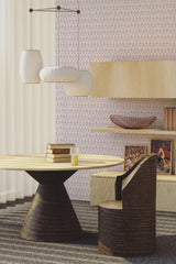 A room with a Purple Art Deco wallpaper with geometric patterns above a wooden wainscoting, complementing modern furniture, traditional wallpaper.