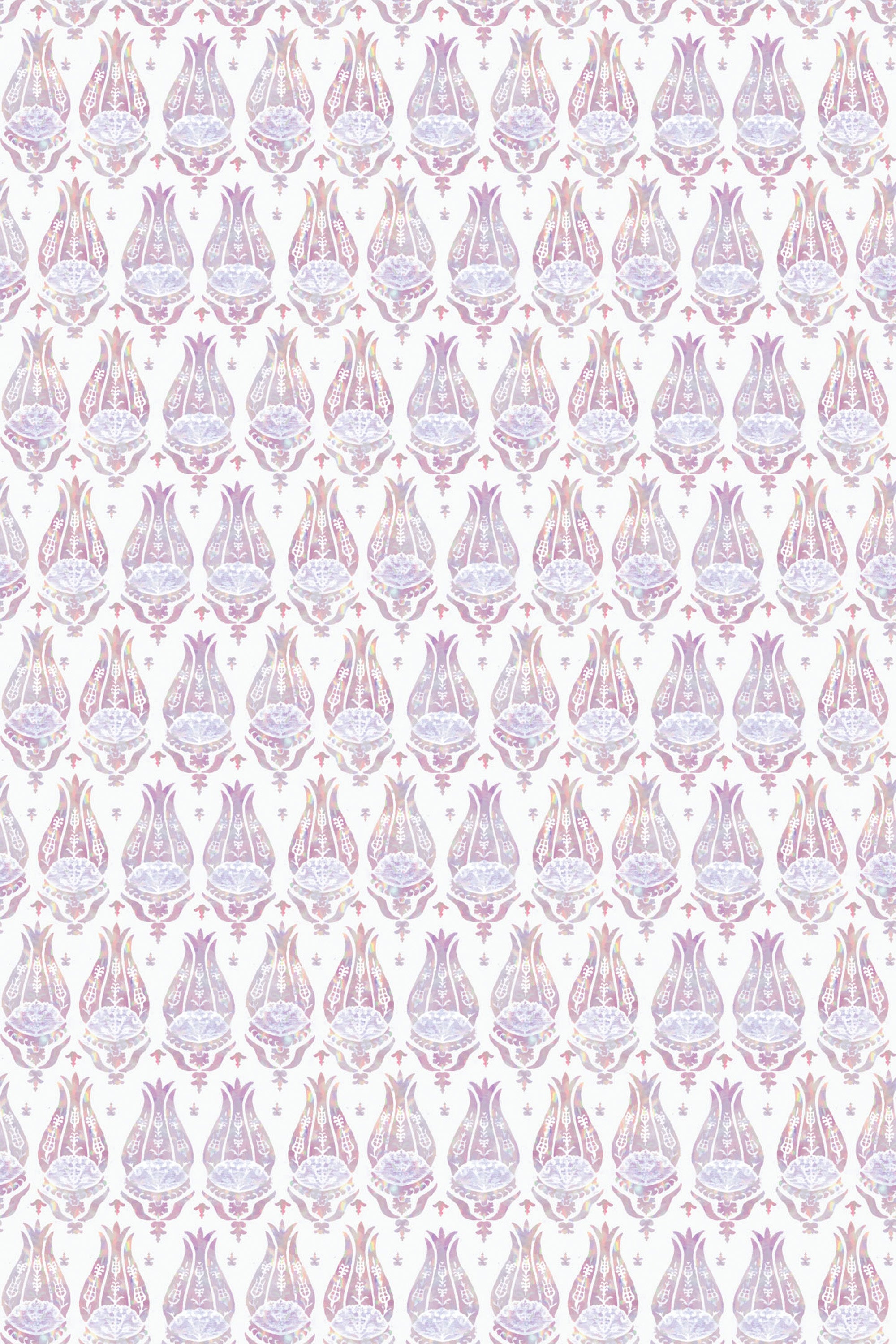 A geometric pattern with purple and pink tones in an Art Deco style on a peel and stick removable wallpaper.