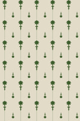 Elegant green botanical motifs on a cream background, arranged in vertical rows with dotted line accents, peel and stick removable wallpaper.