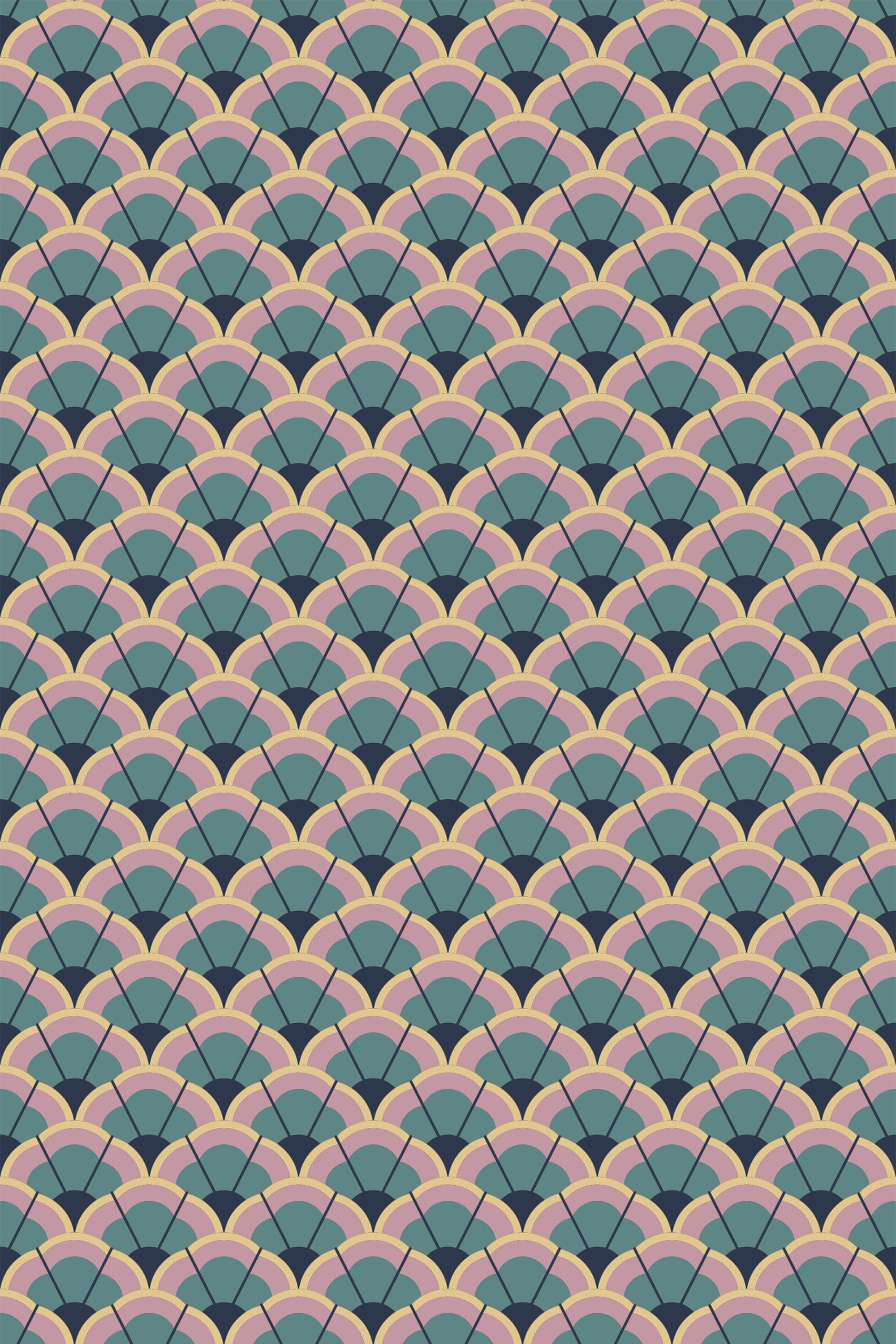 Art Deco style wallpaper with repeating pattern of pink and green arches on a muted background, peel and stick removable wallpaper.