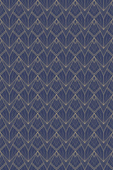 Elegant dark blue wallpaper with symmetric geometric gold lines in Art Deco style, creating a series of intersecting diamond and triangular shapes, known as peel and stick removable wallpaper.