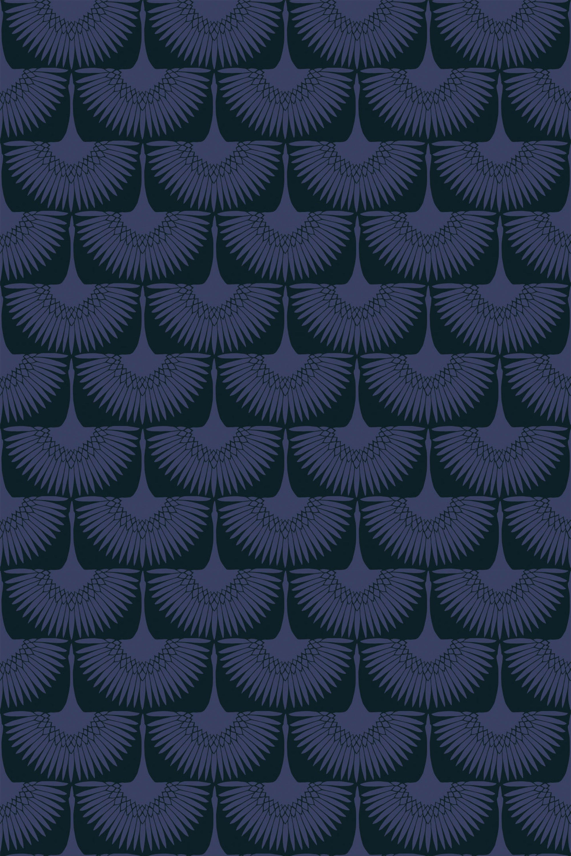 A pattern of stylized dark swan feathers on a navy background, forming a seamless repeat for a sophisticated look on peel and stick removable wallpaper.