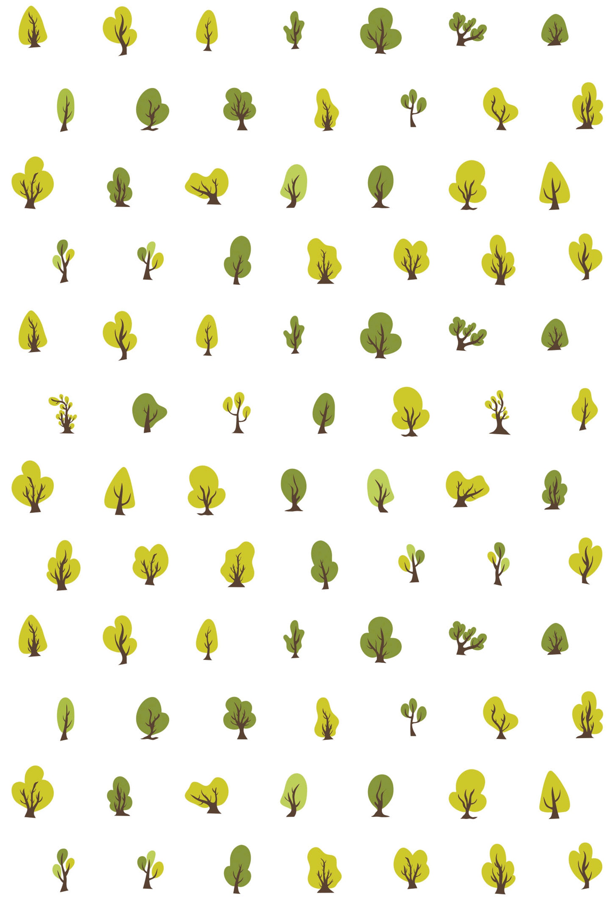 A pattern of stylized small green and yellow trees on a white background, forming a whimsical forest-themed Tiny Trees peel and stick removable wallpaper.