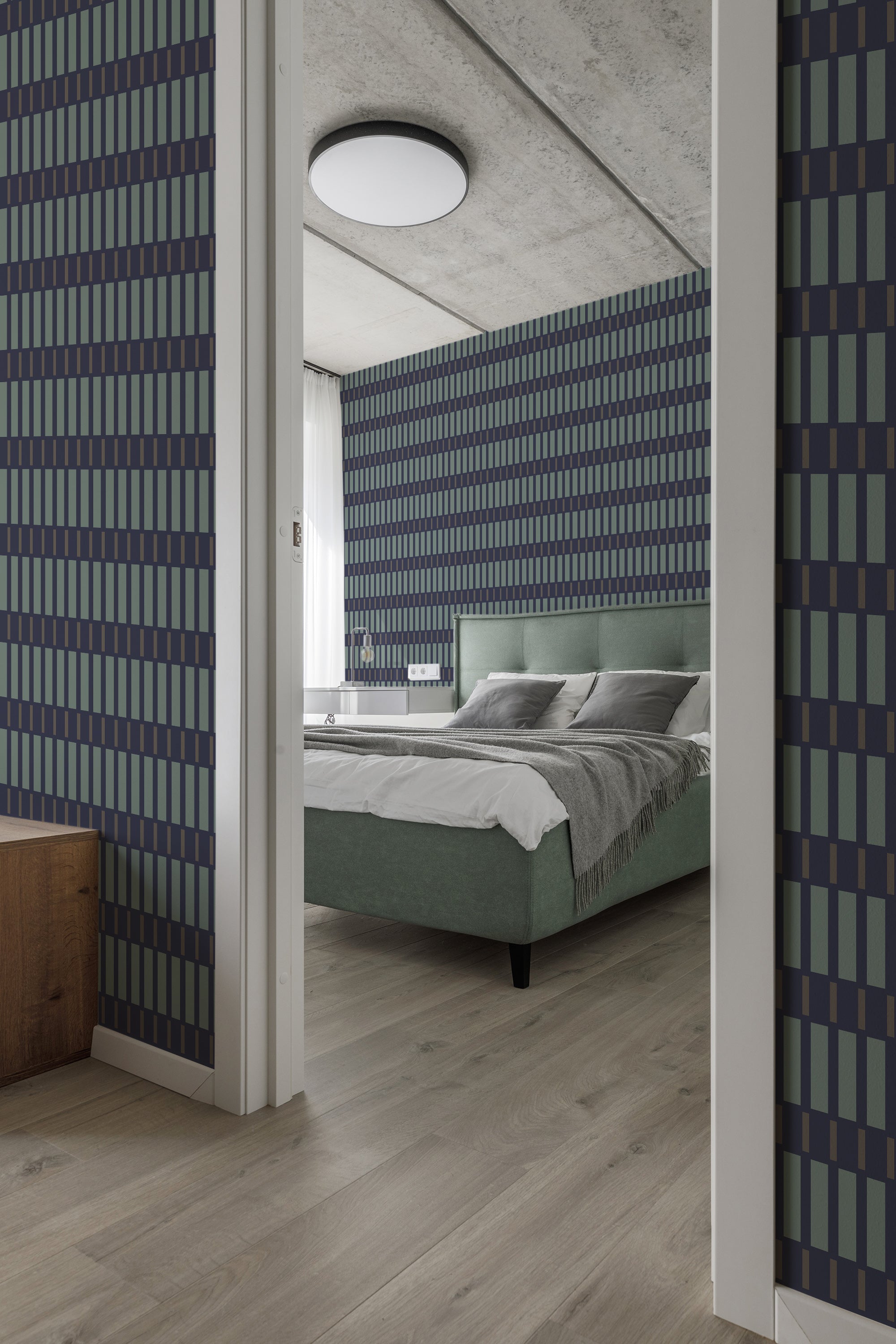 A bedroom with a wall covered in Modern Geometry wallpaper, a pattern of vertical blue and grey rectangles, offering a contemporary twist on traditional wallpaper.