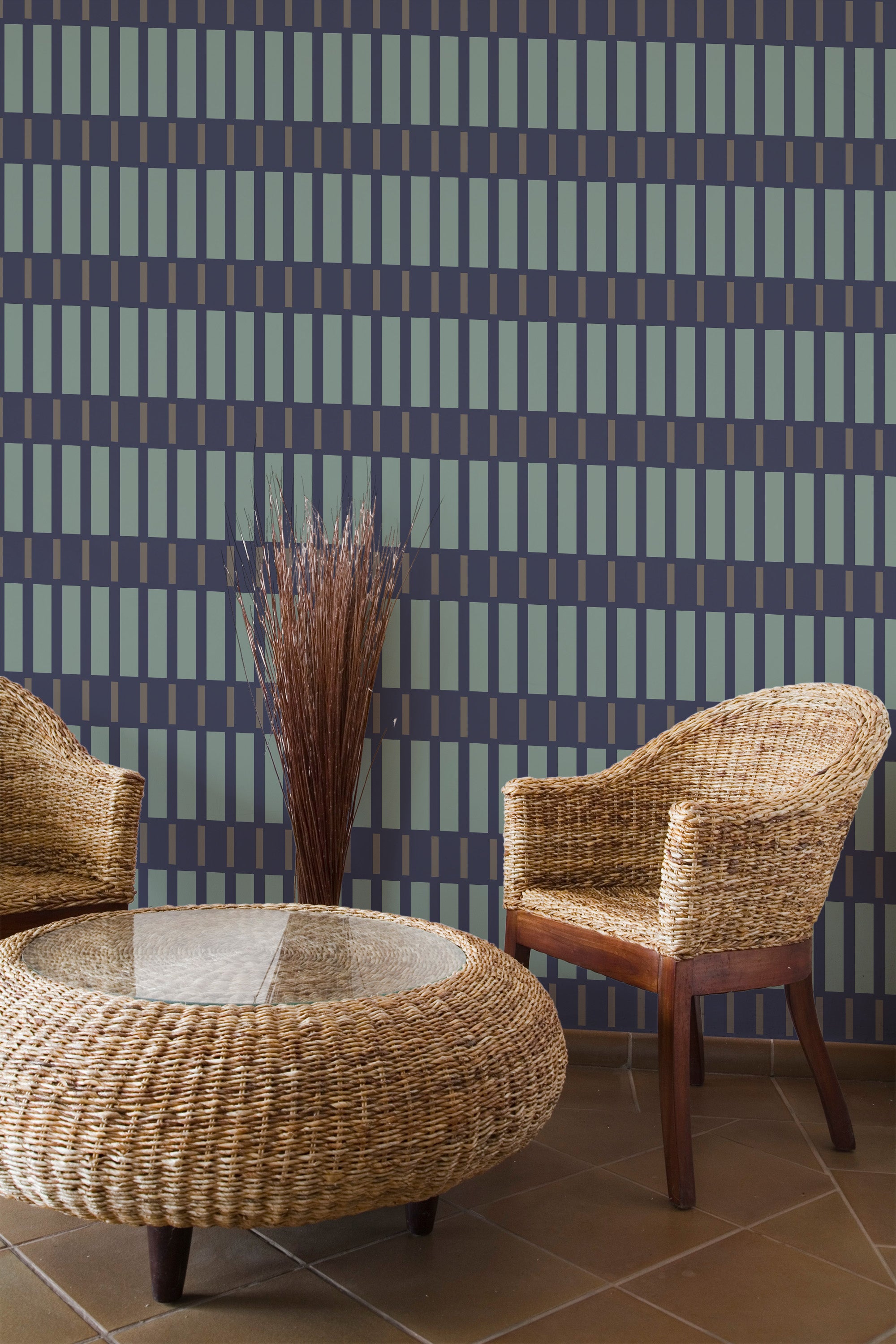 Self-adhesive wallpaper with a modern geometric pattern of intersecting lines in shades of blue and grey, creating a grid-like design on a wall.