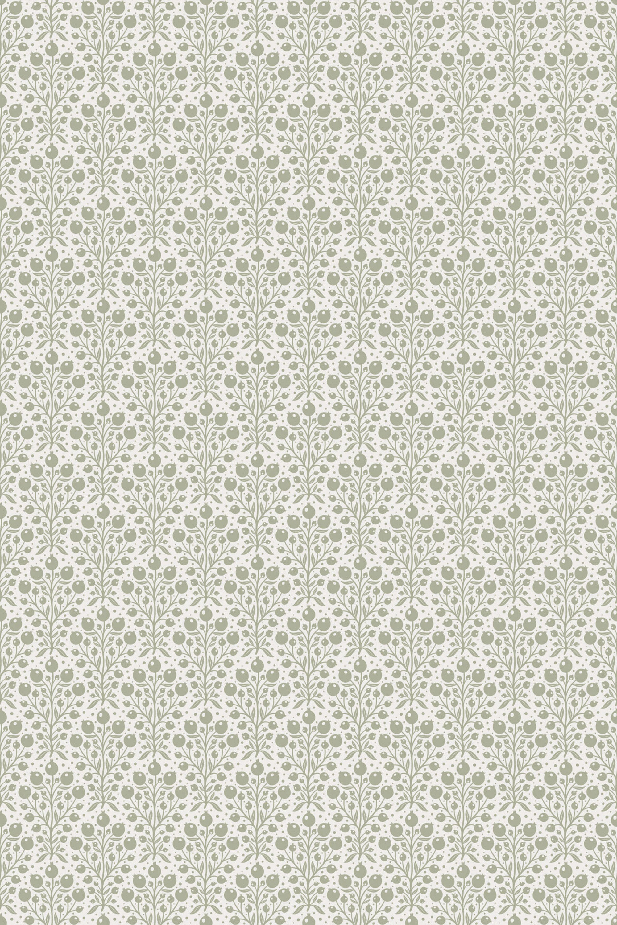A seamless pattern of stylized berries and leaves in soft green tones on a neutral background, providing a delicate and organic aesthetic suitable for wall decoration, peel and stick removable wallpaper.