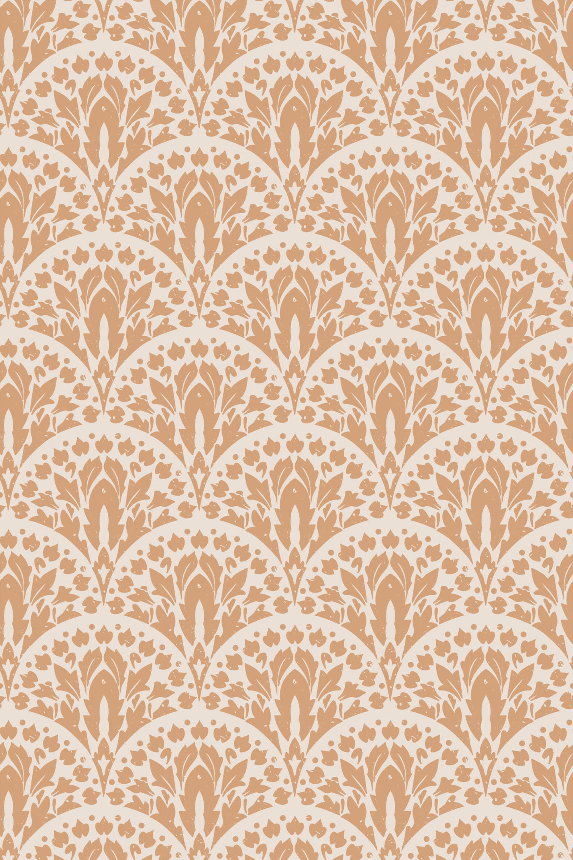 A repeating pattern of stylized terracotta and cream floral motifs with Art Deco influence, on a peel and stick removable wallpaper.