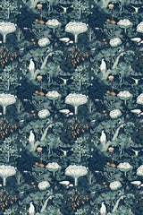 A patterned peel and stick removable wallpaper with stylized white flowers, green foliage, and scattered orange accents on a dark blue background.