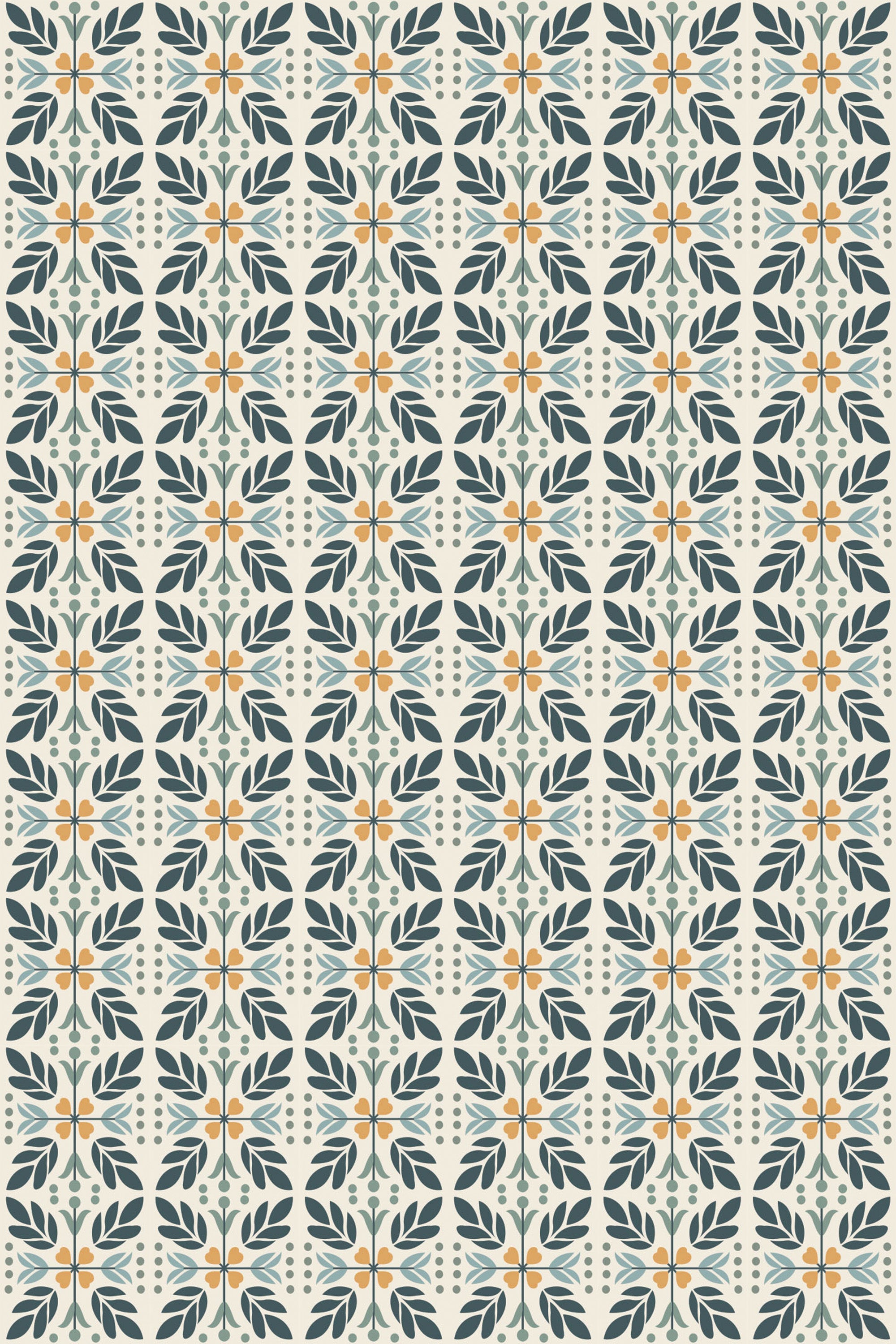 Intricate geometric floral pattern with a color palette of orange, teal, and beige on a peel and stick removable wallpaper.