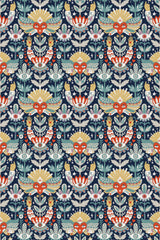 Intricately patterned tarot-style wallpaper with symmetrical motifs including hands, celestial bodies, and florals in a vibrant color scheme on a navy background, peel and stick removable wallpaper.