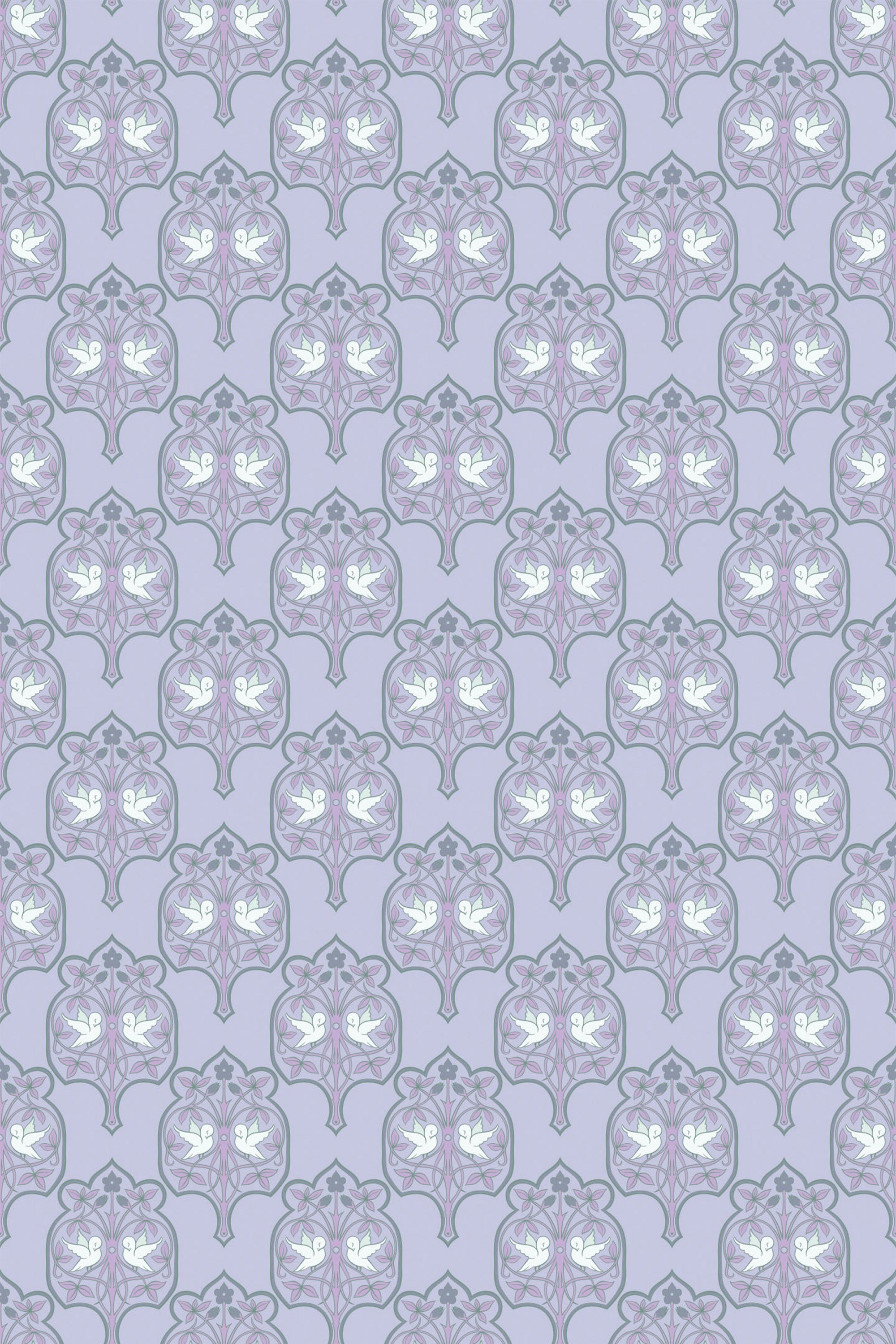 A repeating pattern of stylized purple love birds surrounded by heart-shaped motifs on a pale background, suitable as peel and stick removable wallpaper.