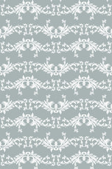A seamless pattern of white elegant damask designs on a soft gray background, forming a classic and sophisticated aesthetic for peel and stick removable wallpaper.