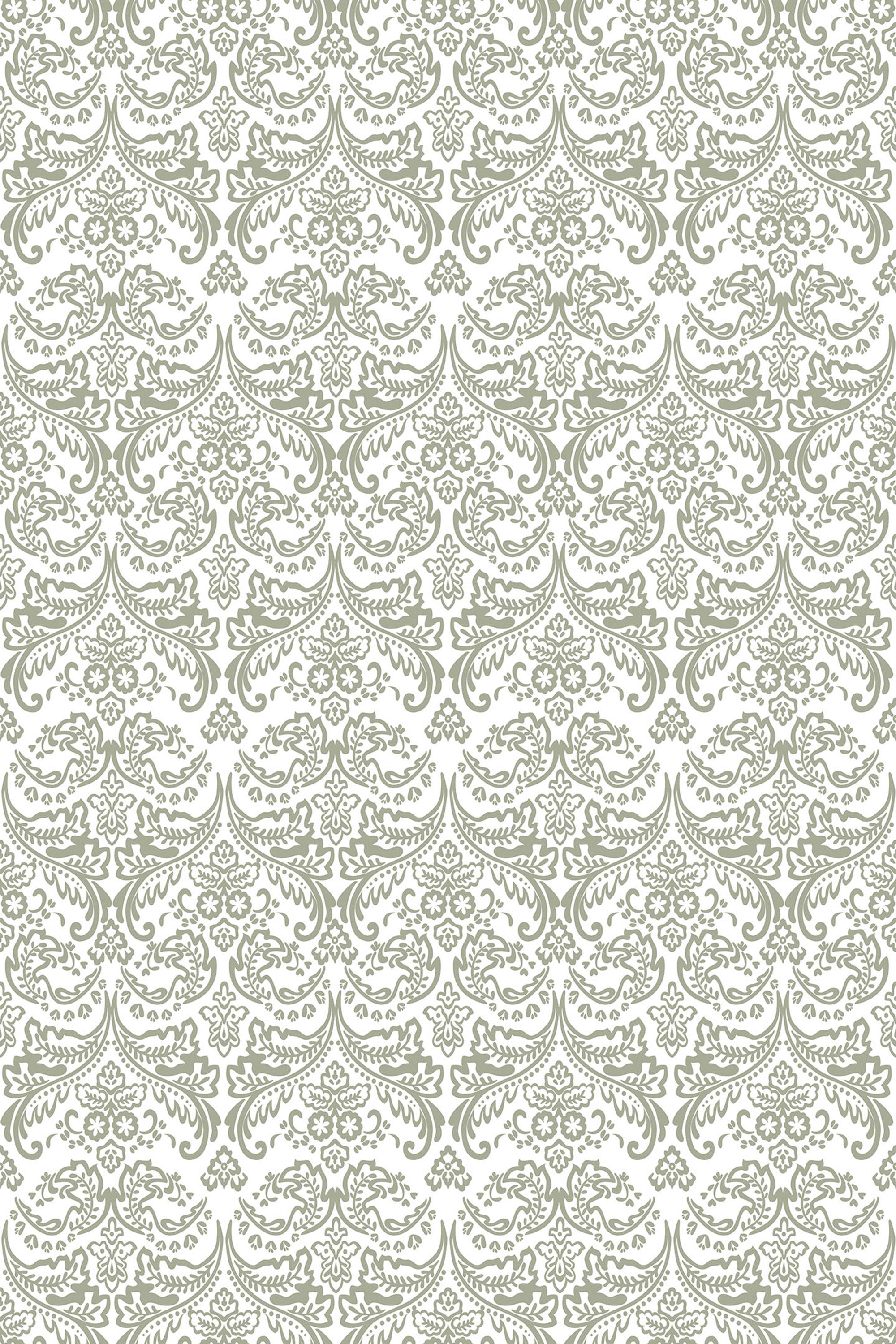 Elegant Floral Art Deco pattern with intricate white and green designs on peel and stick removable wallpaper.