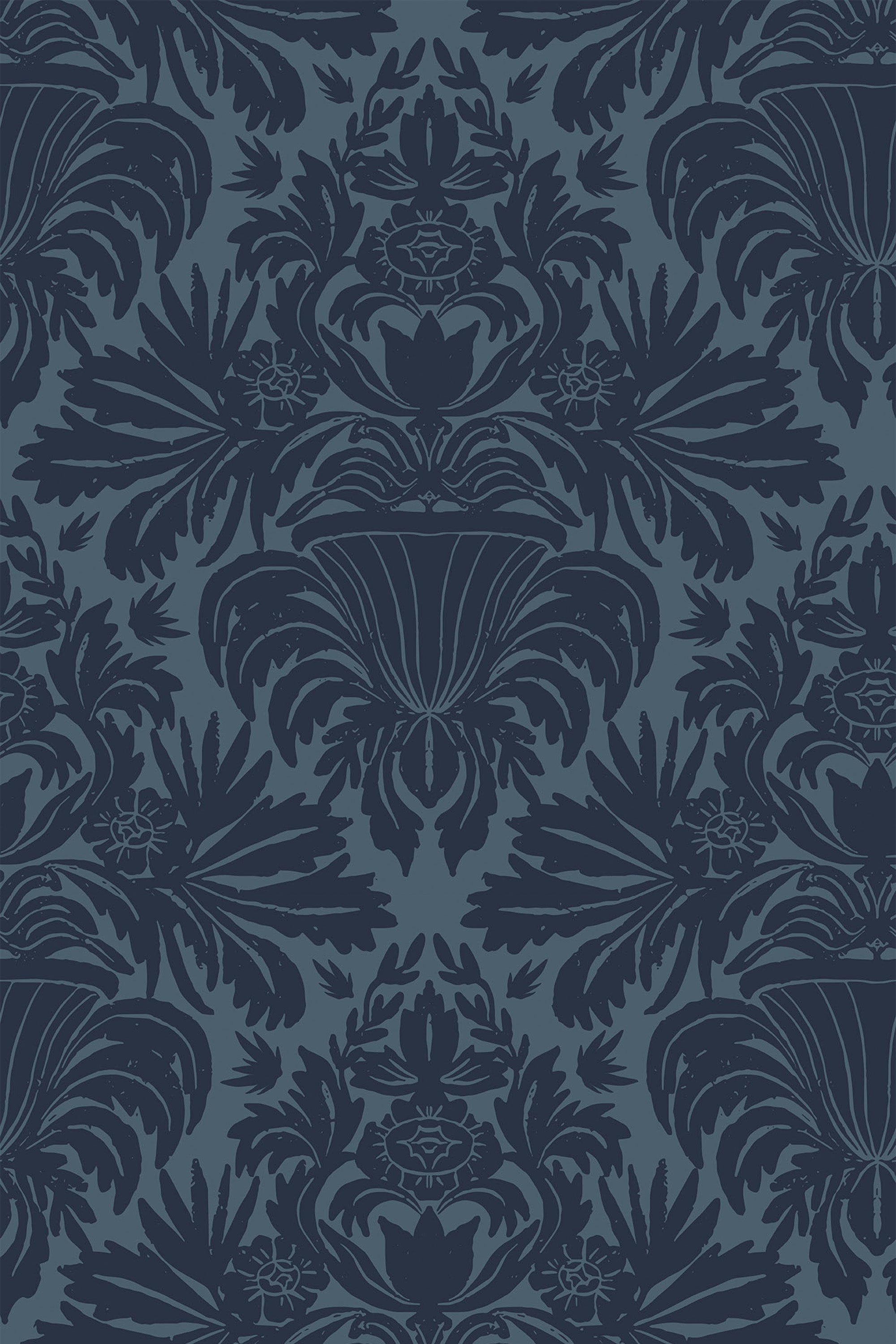 Elegant navy blue wallpaper with traditional damask pattern in black providing a classic and sophisticated backdrop. Peel and stick removable wallpaper.