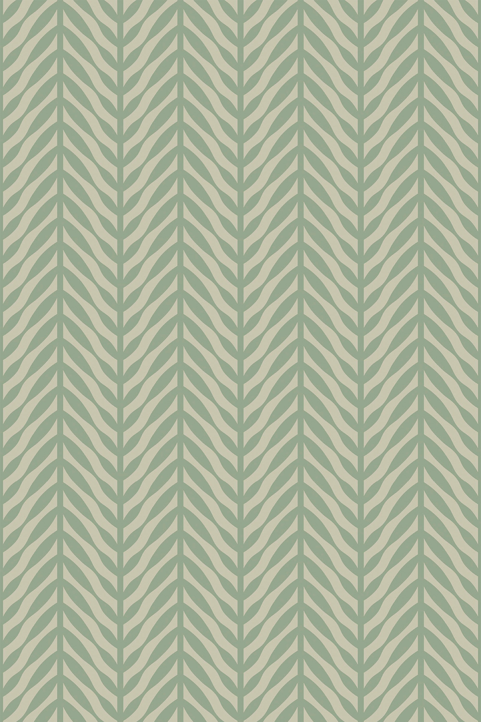 Green and white herringbone pattern wallpaper, with interlocking diagonal stripes creating a zigzag effect, peel and stick removable wallpaper.