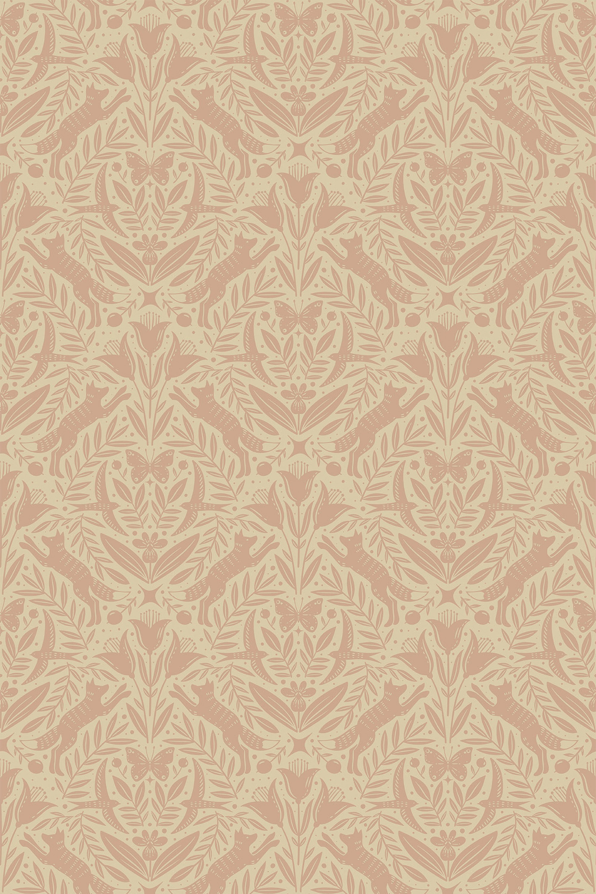Elegant beige wallpaper with a repeating pattern of stylized woodland foliage in a symmetrical arrangement, peel and stick removable wallpaper.