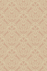 Elegant beige wallpaper with a repeating pattern of stylized woodland foliage in a symmetrical arrangement, peel and stick removable wallpaper.