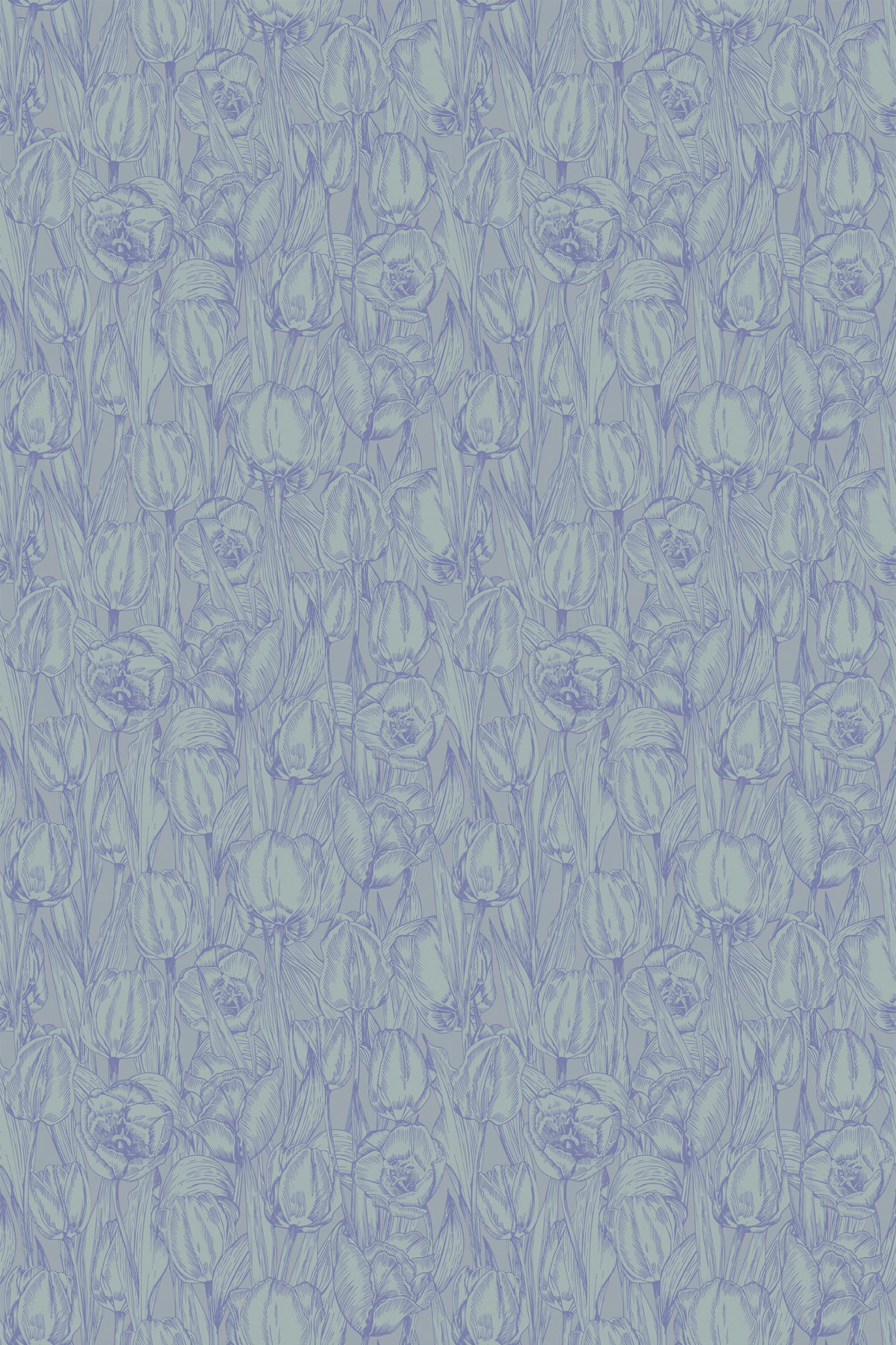 A pattern of blue tulip illustrations repeated across a peel and stick removable wallpaper.