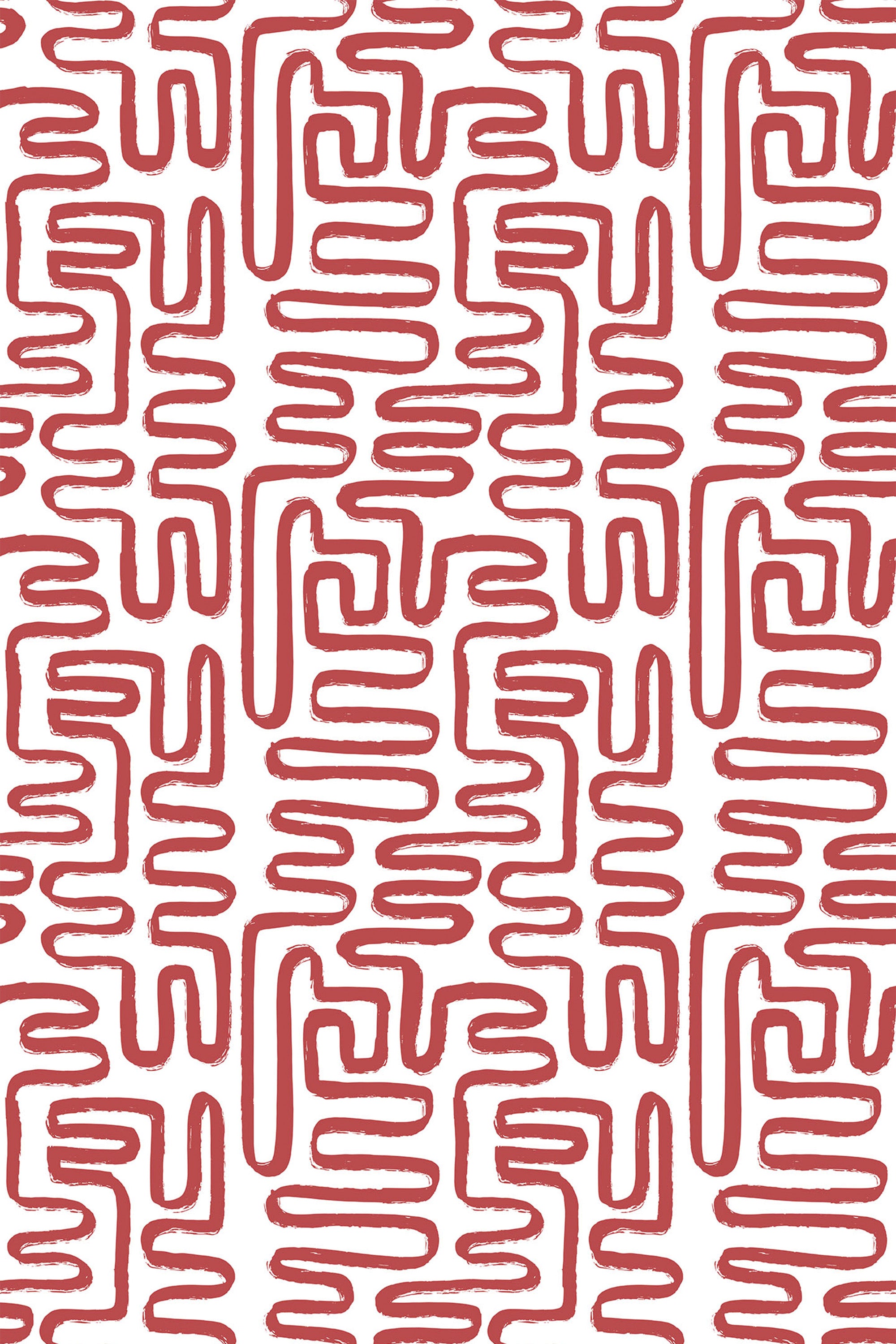 Red and white abstract thin brush lines pattern on peel and stick removable wallpaper.