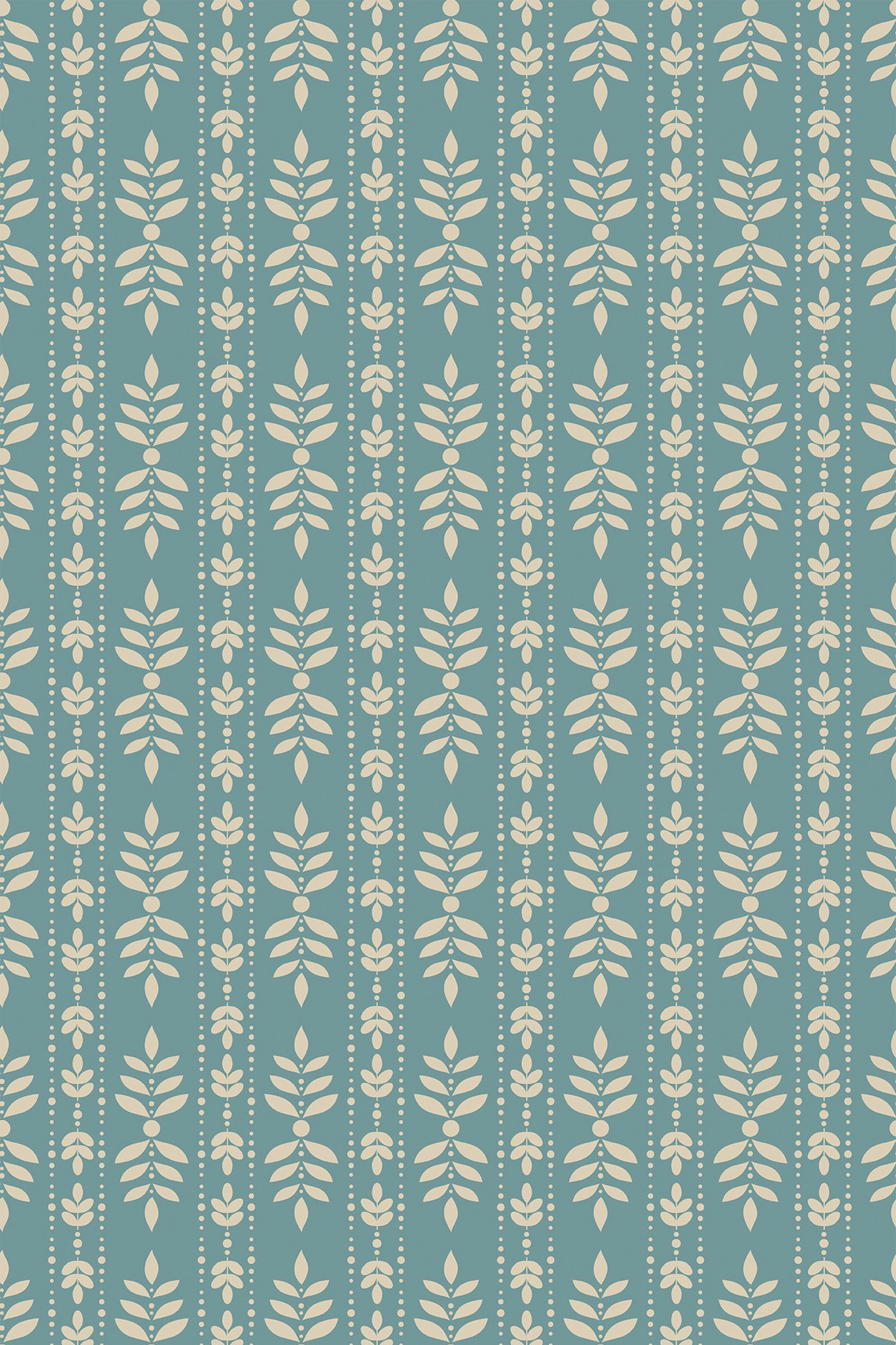 Elegant teal wallpaper with a symmetrical white classic leaf pattern throughout, making for a stylish peel and stick removable wallpaper.