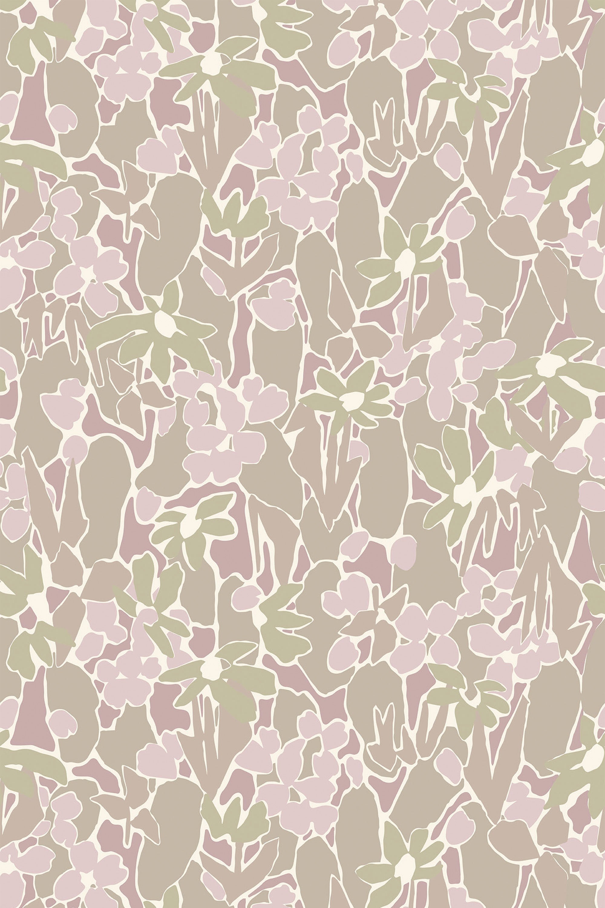 Abstract floral pattern in muted neutral tones on a soft beige background, resembling stylized flowers and leaves, suitable for modern home decor as peel and stick removable wallpaper.