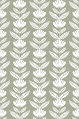 White floral line art on a soft grey background, forming a repeated pattern with a vertical rhythm, suitable for interior decor as peel and stick removable wallpaper.