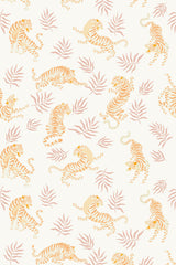 A pattern of orange tigers and grey foliage on a soft neutral background, forming a stylish, seamless design for peel and stick removable wallpaper.