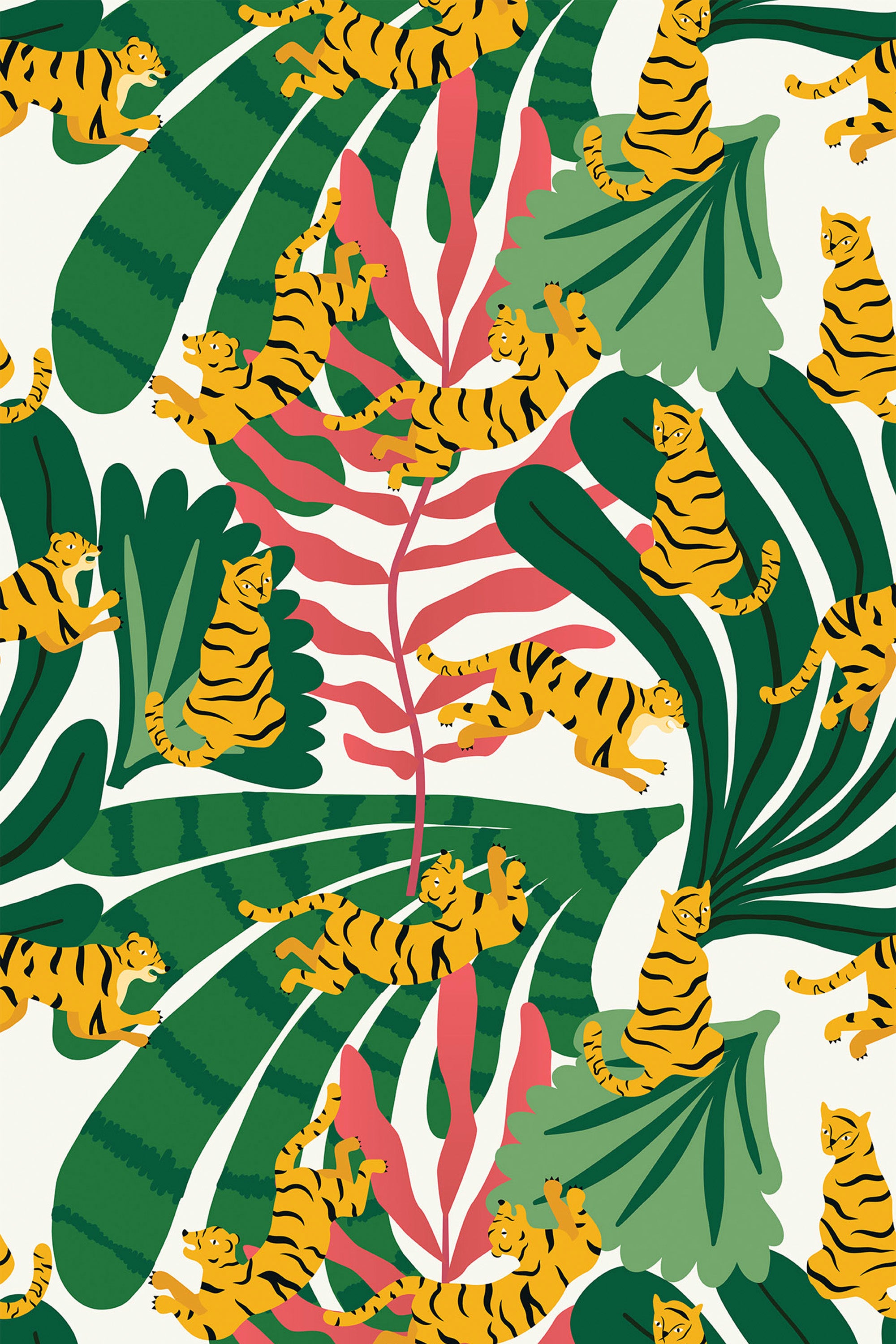Vibrant Bold Tiger pattern with playful tigers and lush green foliage on a cream background, peel and stick removable wallpaper.