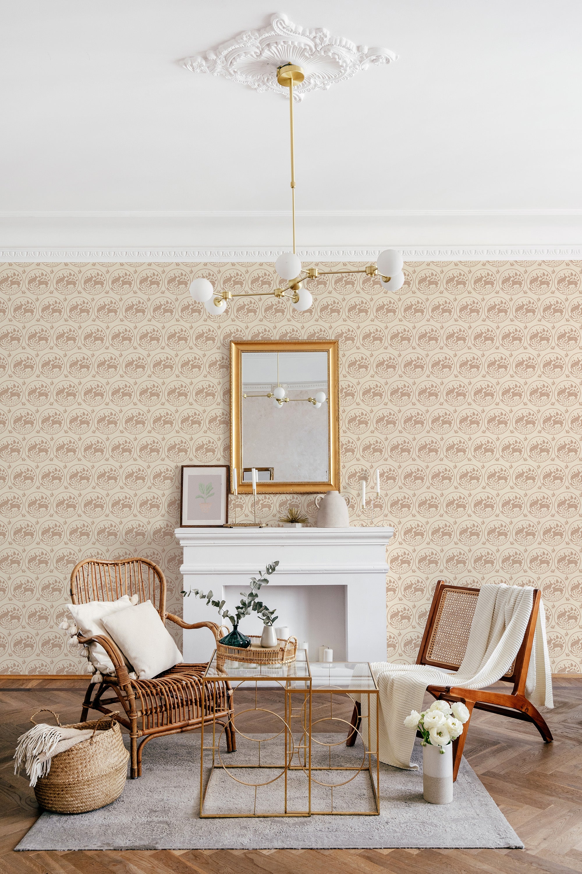 A room with Vintage Rabbit wallpaper pattern with repeating rabbits and floral motifs in a soft, muted color palette, complementing the classic and elegant decor, traditional wallpaper.