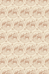 Vintage rabbit pattern with circular motifs on a beige background, interspersed with stars, for peel and stick removable wallpaper.