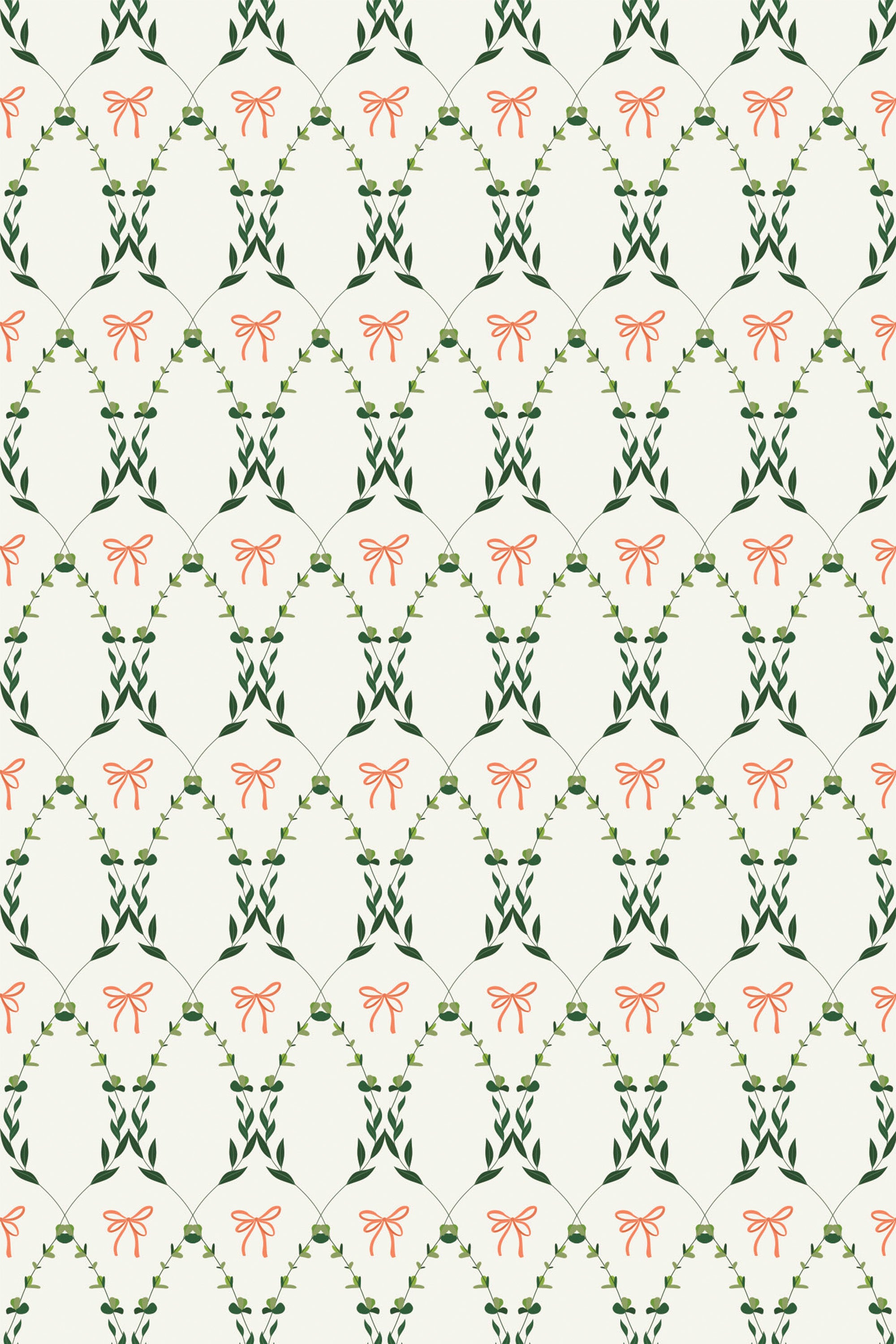 Elegant repeating pattern of green vines and coral bows on an off-white background, Country Floral Bow peel and stick removable wallpaper.