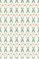 Elegant repeating pattern of green vines and coral bows on an off-white background, Country Floral Bow peel and stick removable wallpaper.