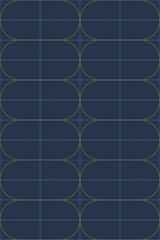 A seamless pattern of gold-lined arcs on a deep blue background, resembling elegant scales, as peel and stick removable wallpaper.