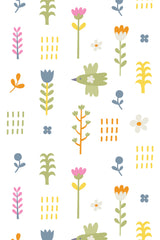 A patterned wallpaper with illustrations of a green bird surrounded by colorful flowers and various simple botanical elements on a light background, peel and stick removable wallpaper.