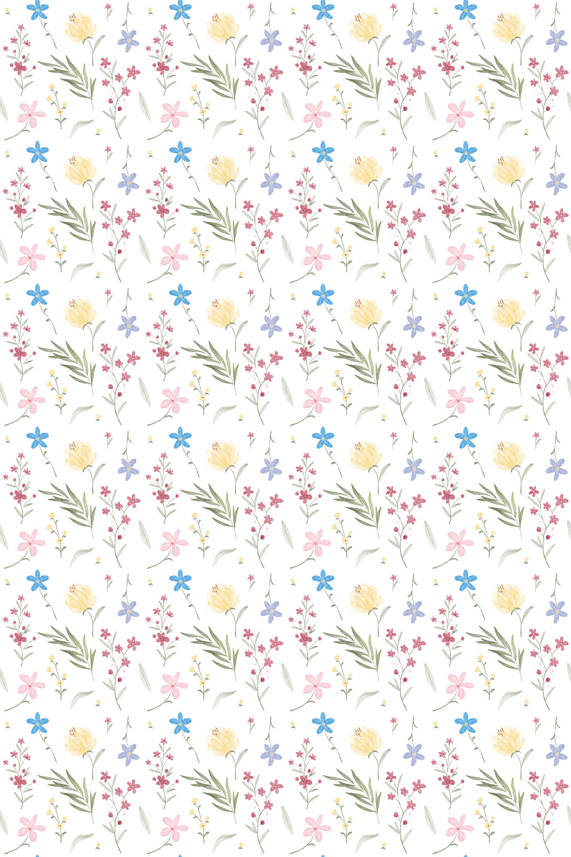 A charming pattern with pink and yellow flowers, green leaves, and delicate blue stars on a white background, ideal for a child's room, named Cute Childhood Floral peel and stick removable wallpaper.