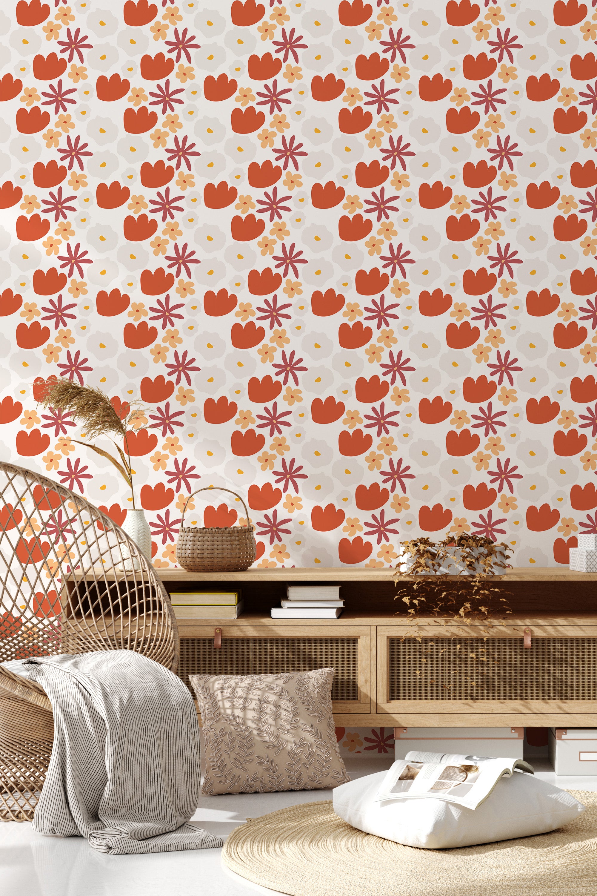 Orange and white Bold Abstract Tulip design on room wallpaper, with large tulip motifs in a repeating pattern, creating a vibrant backdrop in a space furnished with modern decor, traditional wallpaper.