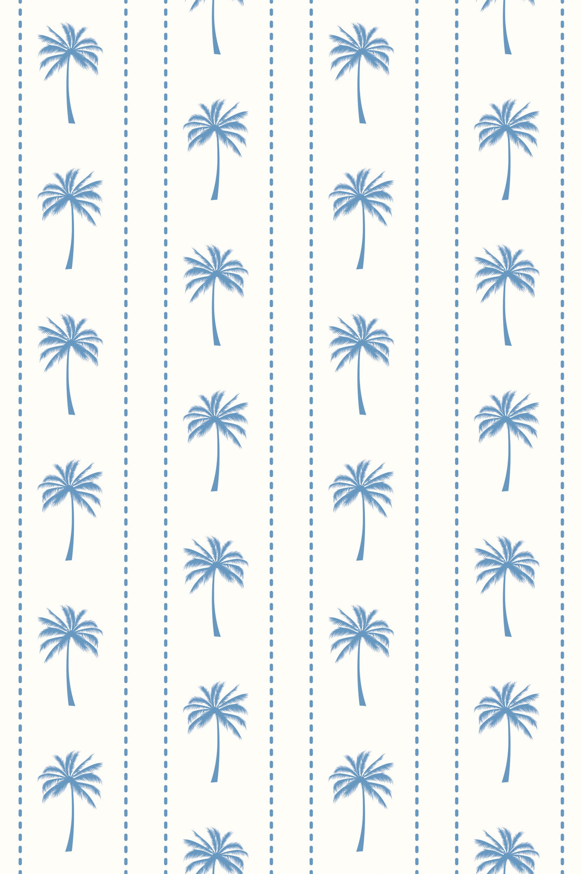 Blue palm trees in rows separated by dotted lines on a white background, Vintage Coastal Palm pattern, peel and stick removable wallpaper.