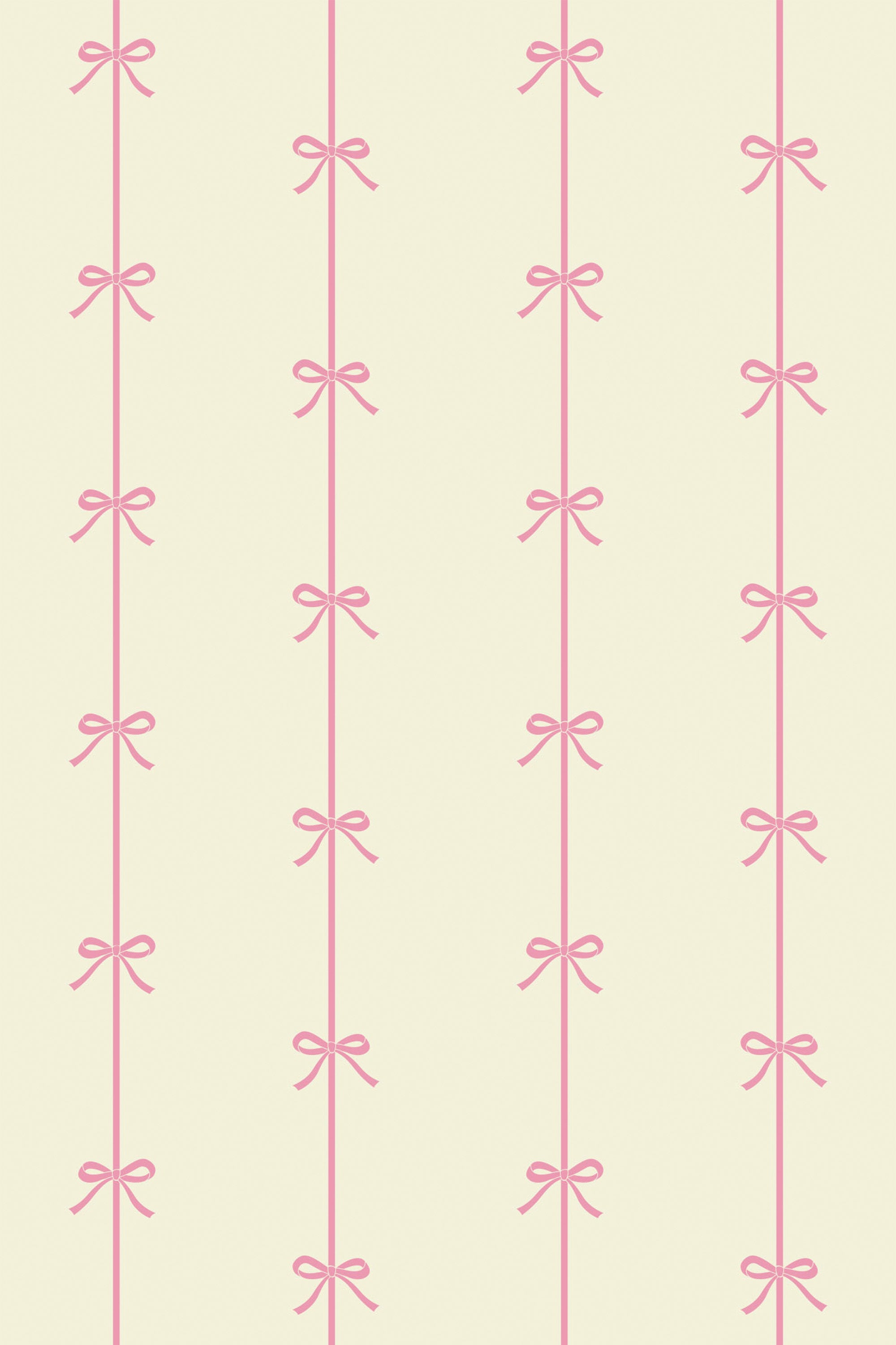A vintage-style wallpaper with pink bow patterns aligned in vertical lines on a pastel yellow background, peel and stick removable wallpaper.