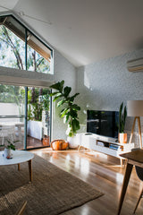 minimalist house terrace green plants living room gray christmas branch stick and peel wallpaper