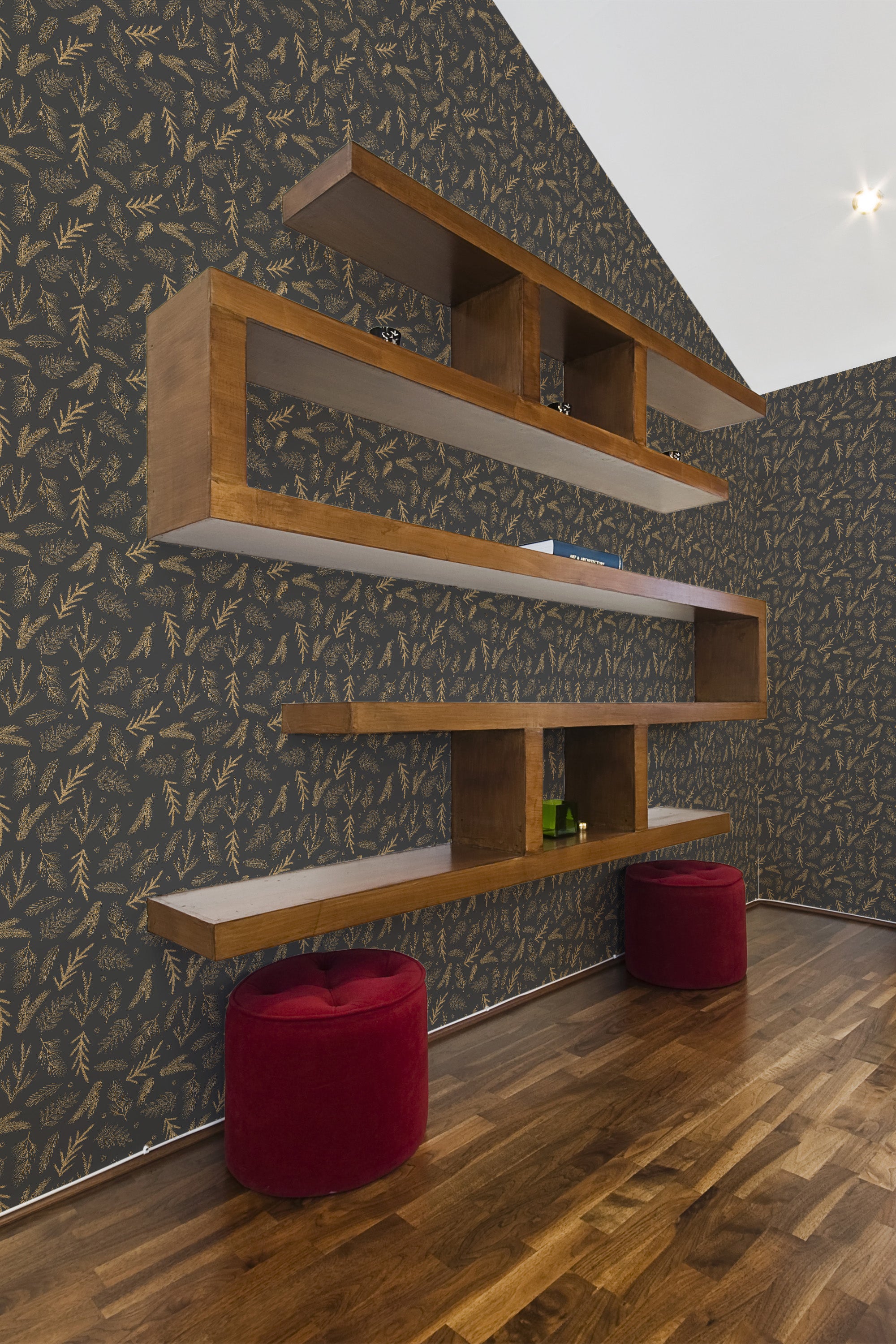 modern living room shelf velour puff chairs christmas pine pattern wallpaper stick and peel